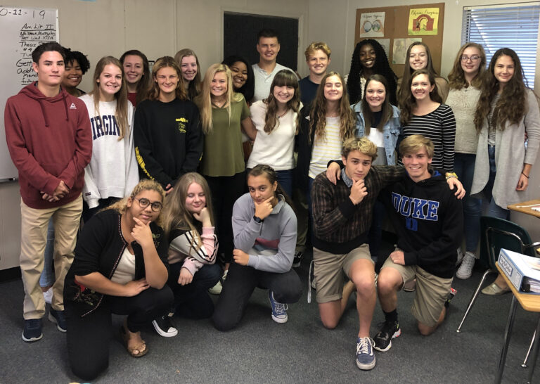 StoneBridge Upper School students taking a classroom photo together.